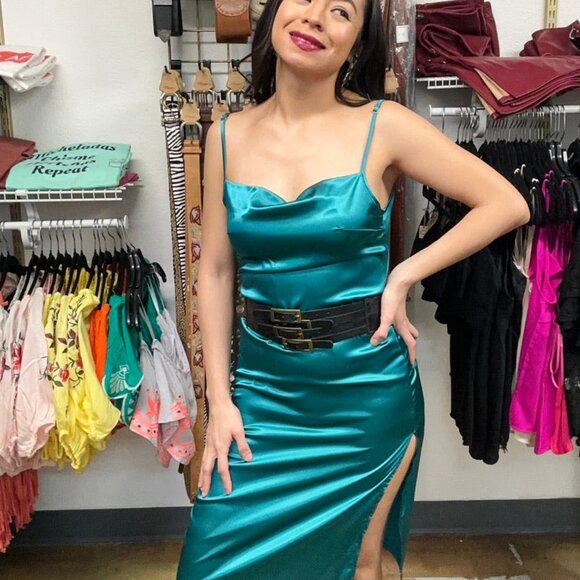 Emerald Green Satin Dress - Picture 2 of 6